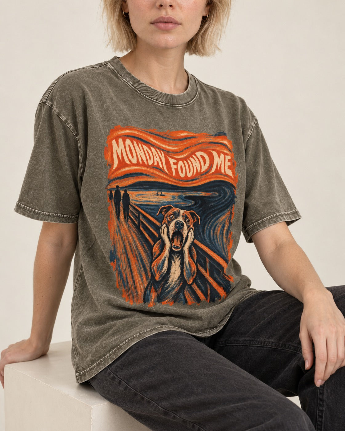 Pitbull Monday Found Me Expressionist Scream Graphic Washed Tee in Army Green, worn by a seated model