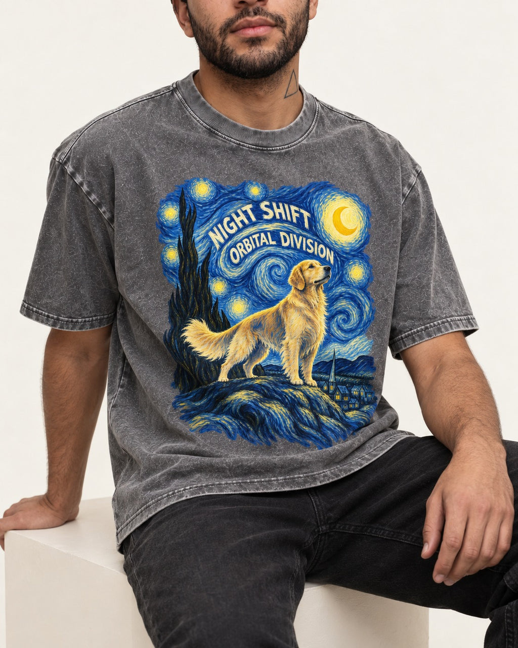 Night Shift Orbital Division Starry Night Golden Retriever Graphic Washed Tee in Gray, worn by a seated model