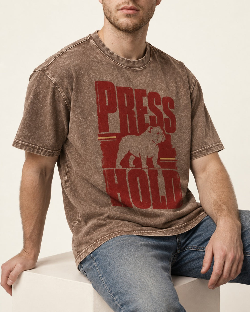 English Bulldog Press and Hold Washed Tee in Coffee, worn by a seated model