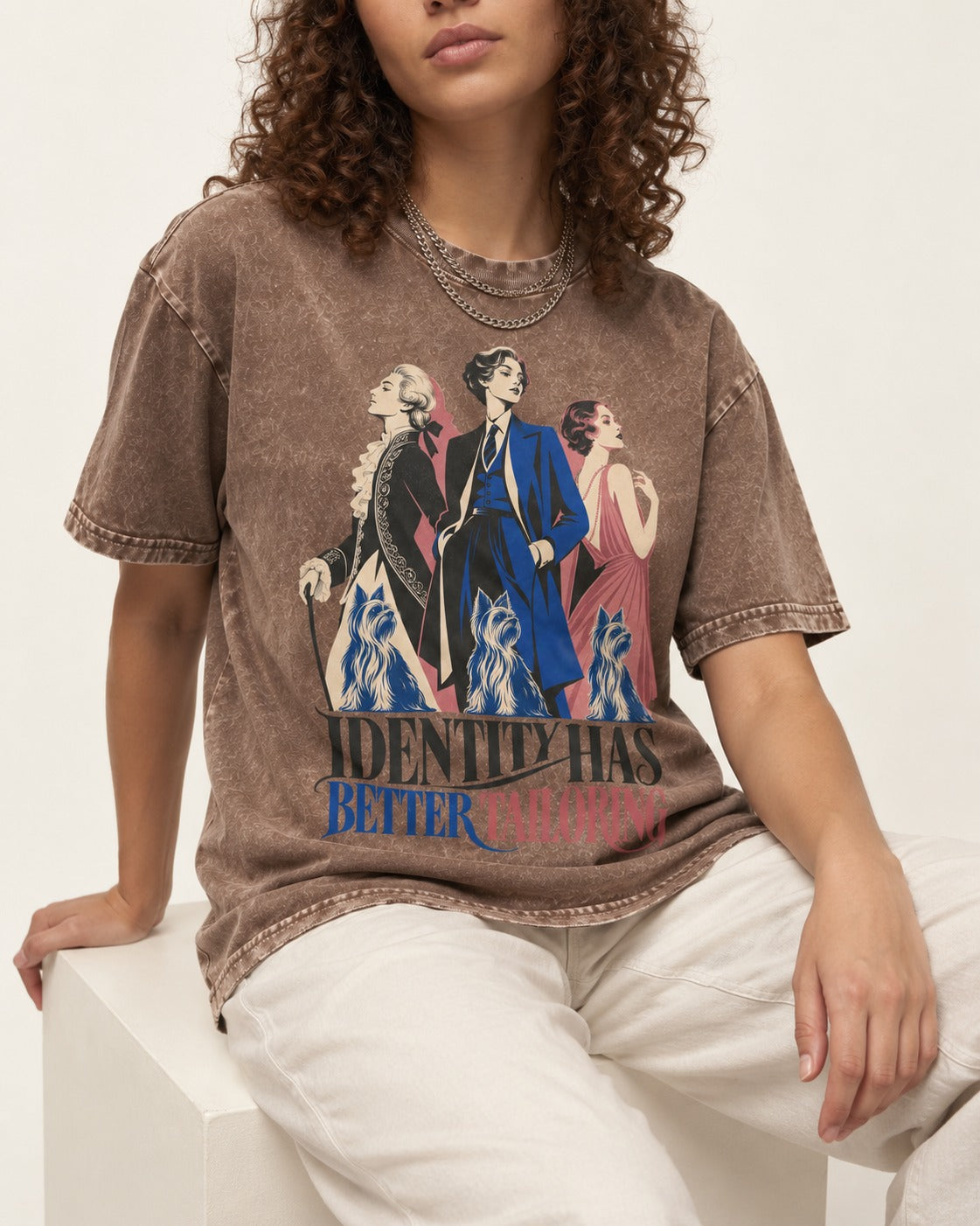 Yorkshire Terrier Identity Has Better Tailoring Washed Tee in Coffee, worn by a seated model