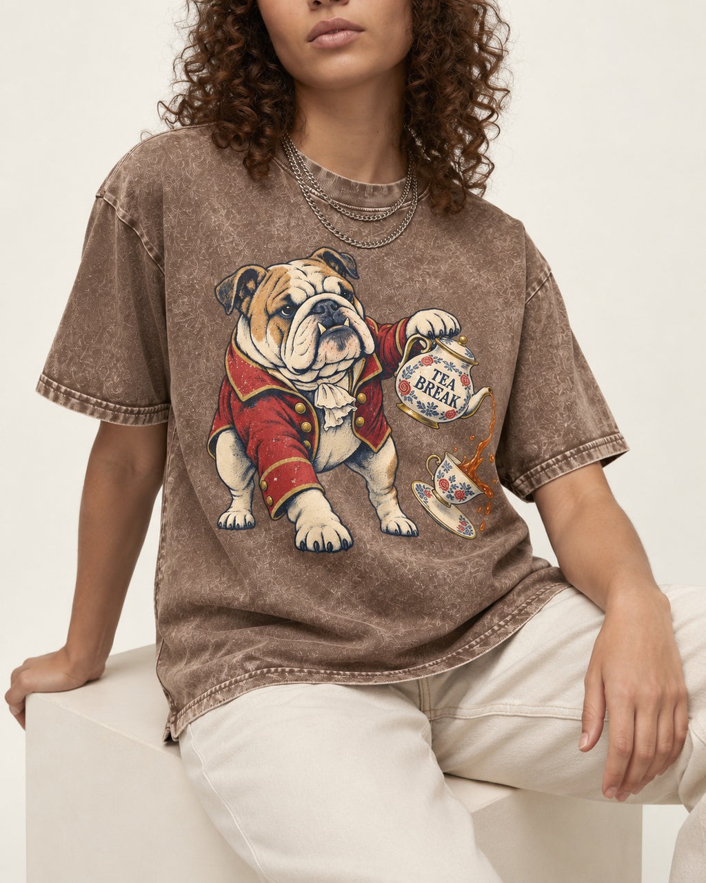 English Bulldog Tea Break Washed Tee in Coffee, worn by a seated model