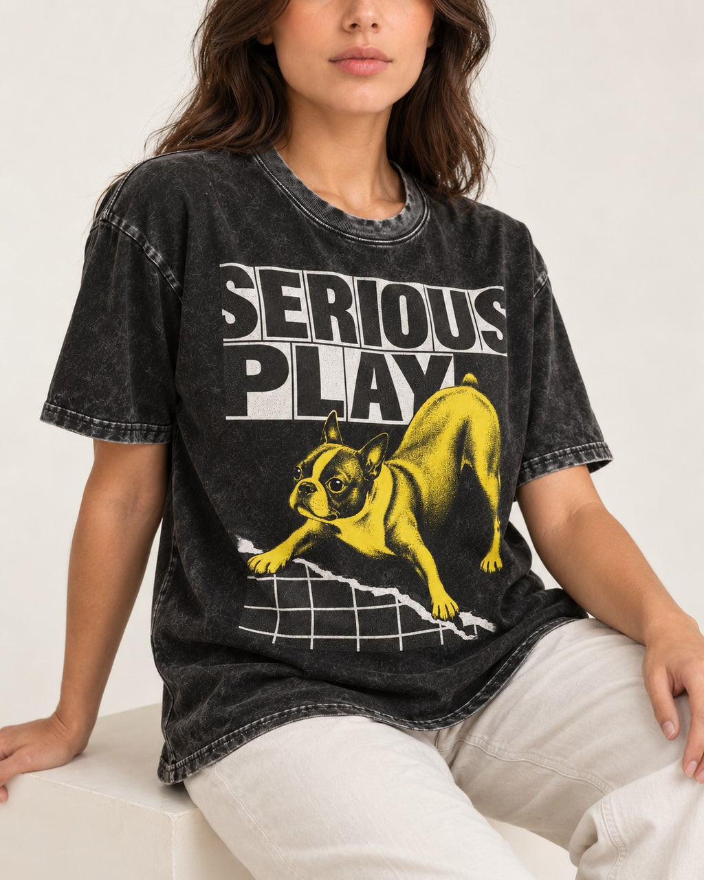 Boston Terrier Serious Play Agility Graphic Washed Tee in Black, worn by a seated model