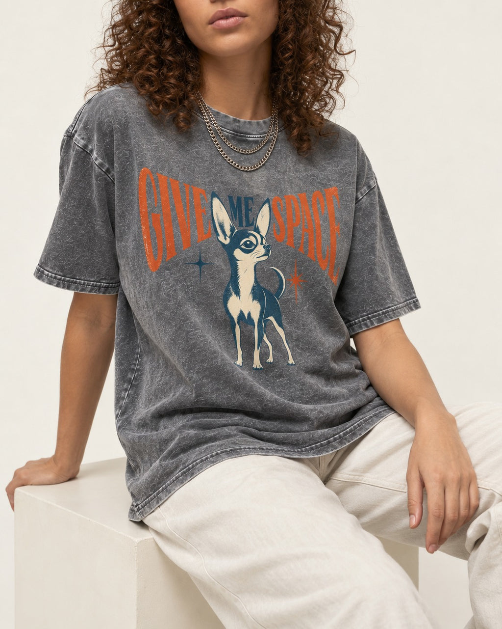 Chihuahua Give Me Space Starburst Graphic Washed Tee in Gray, worn by a seated model