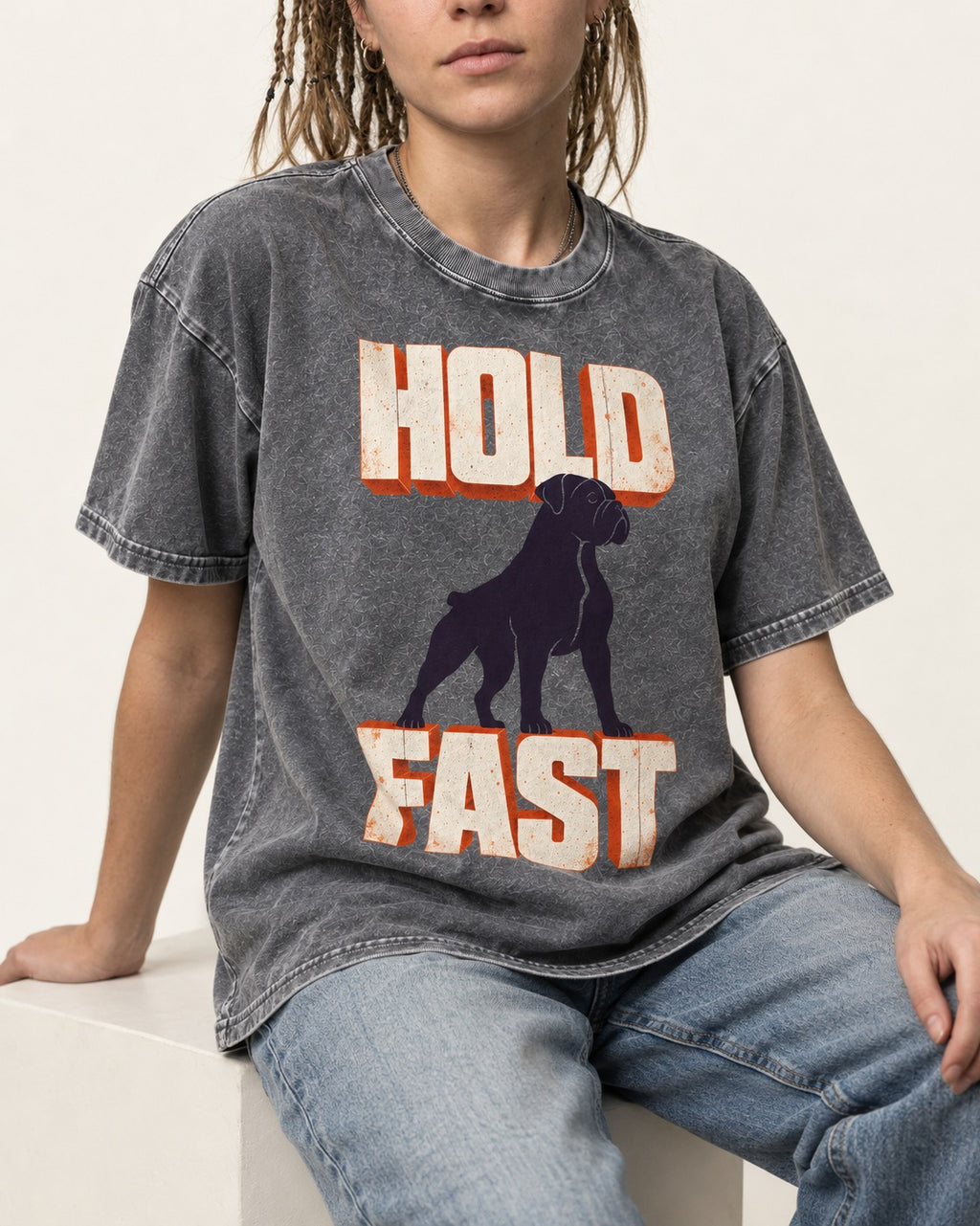 Hold Fast Boxer Typography Graphic Washed Tee in Gray, worn by a seated model
