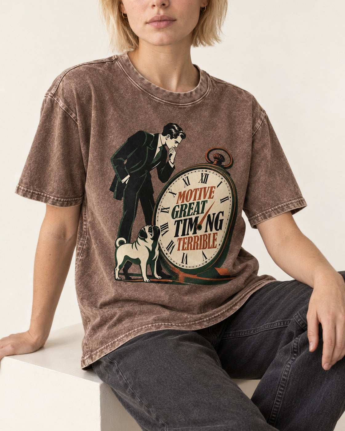 Pug Great Motive Terrible Timing Washed Tee in Coffee, worn by a seated model