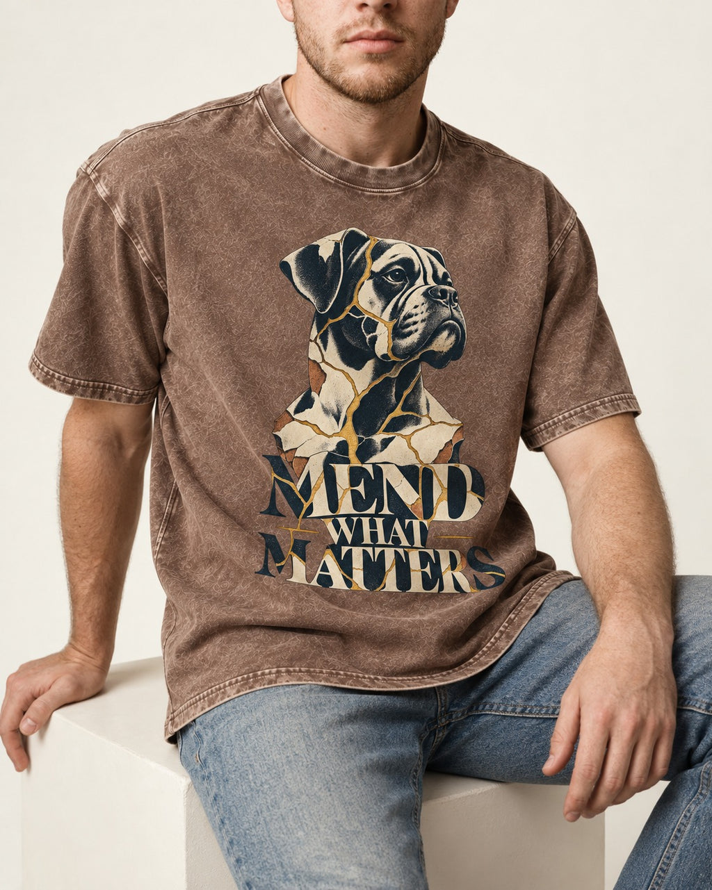 Mend What Matters Boxer Kintsugi Portrait Washed Tee in Coffee, worn by a seated model
