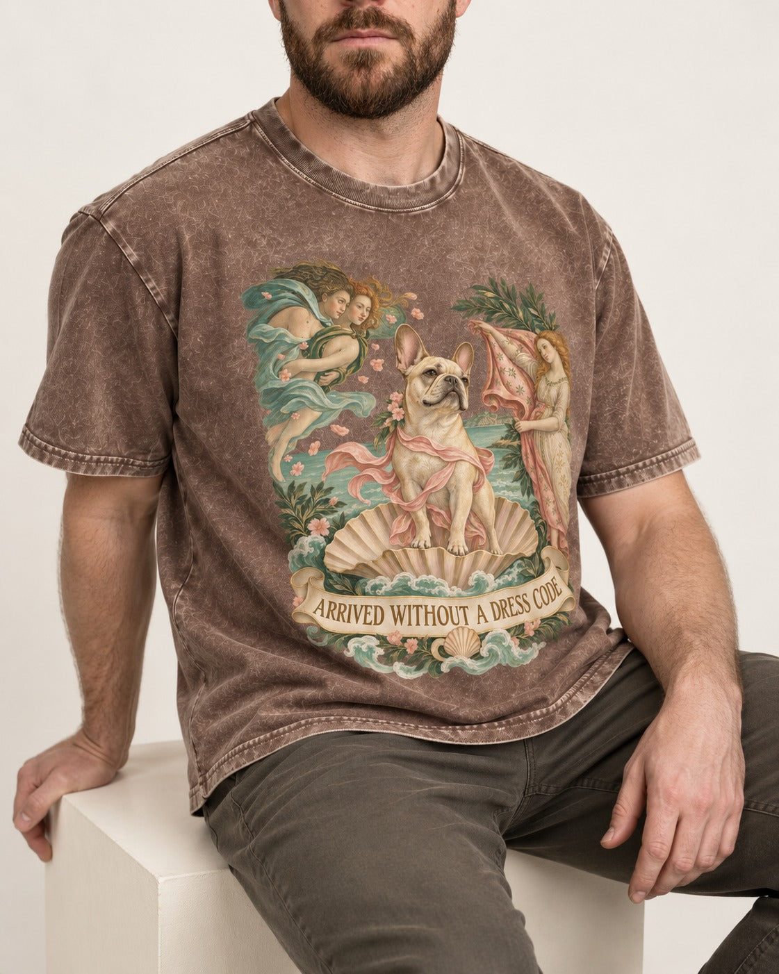 Frenchie Without a Dress Code Washed Tee in Coffee, worn by a seated model