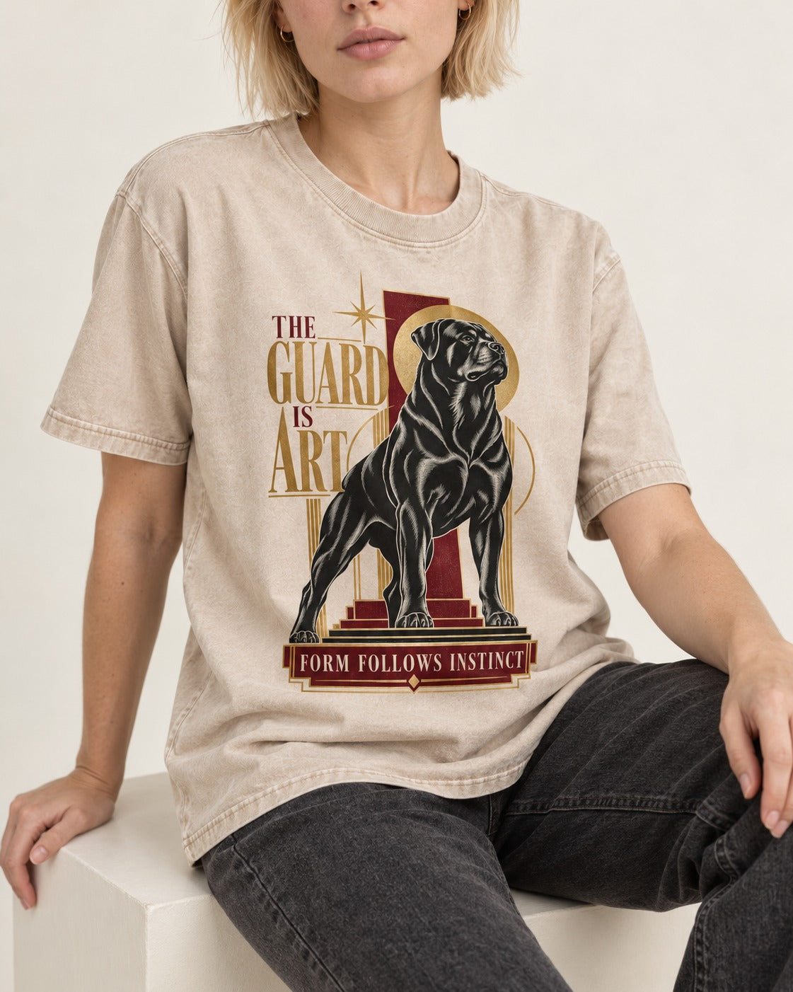 Rottweiler Form Follows Instinct Washed Tee in Apricot, worn by a seated model
