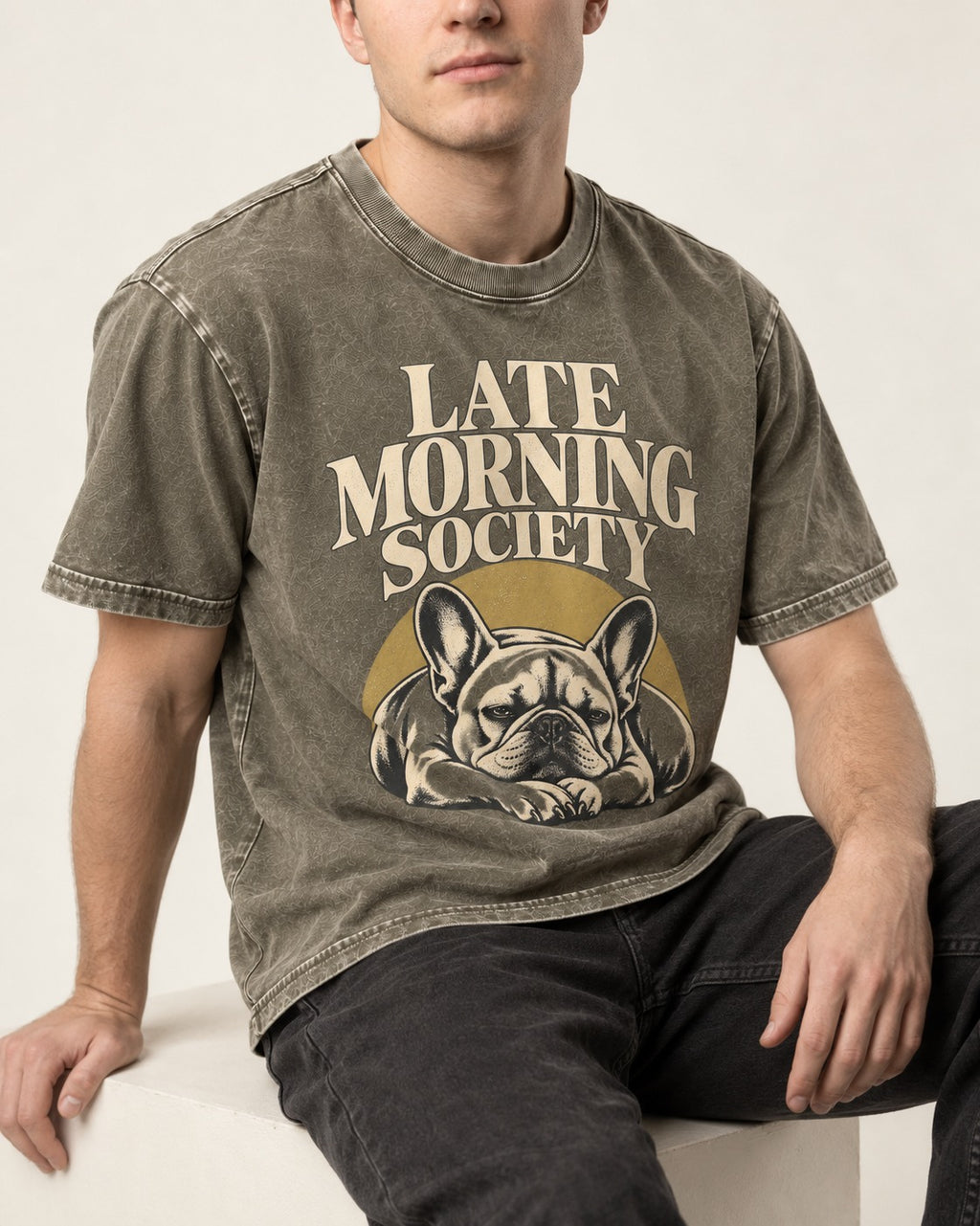 Frenchie Late Morning Society Graphic Washed Tee in Army Green, worn by a seated model