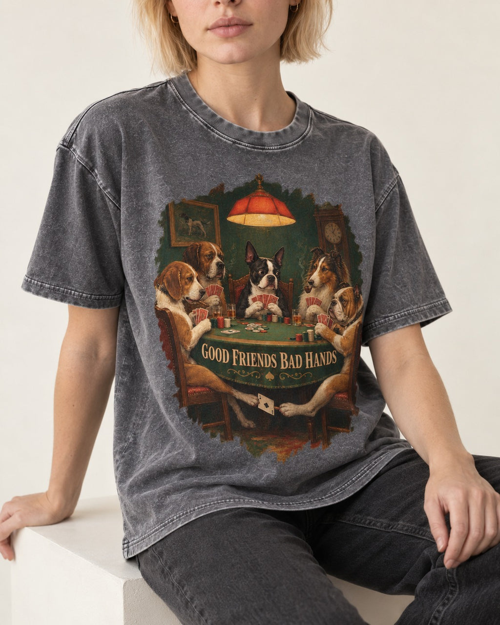 Good Friends Bad Hands Boston Terrier Poker Night Washed Tee in Gray, worn by a seated model