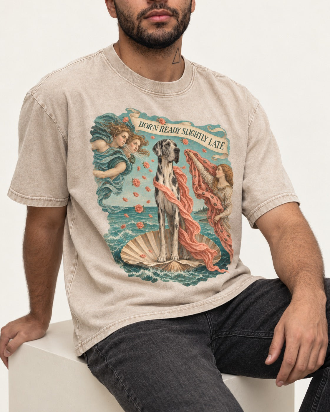 Great Dane Born Ready Slightly Late Washed Tee in Apricot, worn by a seated model