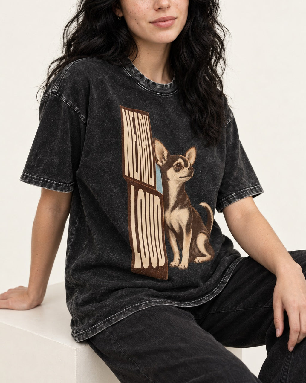 Chihuahua Never Loud Washed Tee in Black, worn by a seated model