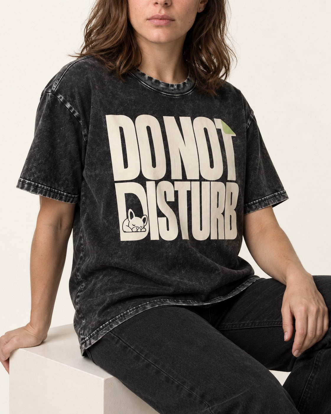Frenchie Do Not Disturb Hidden Sleeping Graphic Washed Tee in Black, worn by a seated model
