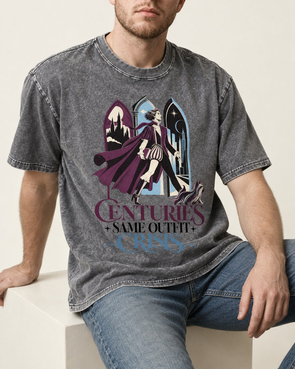 Yorkshire Terrier Centuries Same Outfit Crisis Gothic Graphic Washed Tee in Gray, worn by a seated model