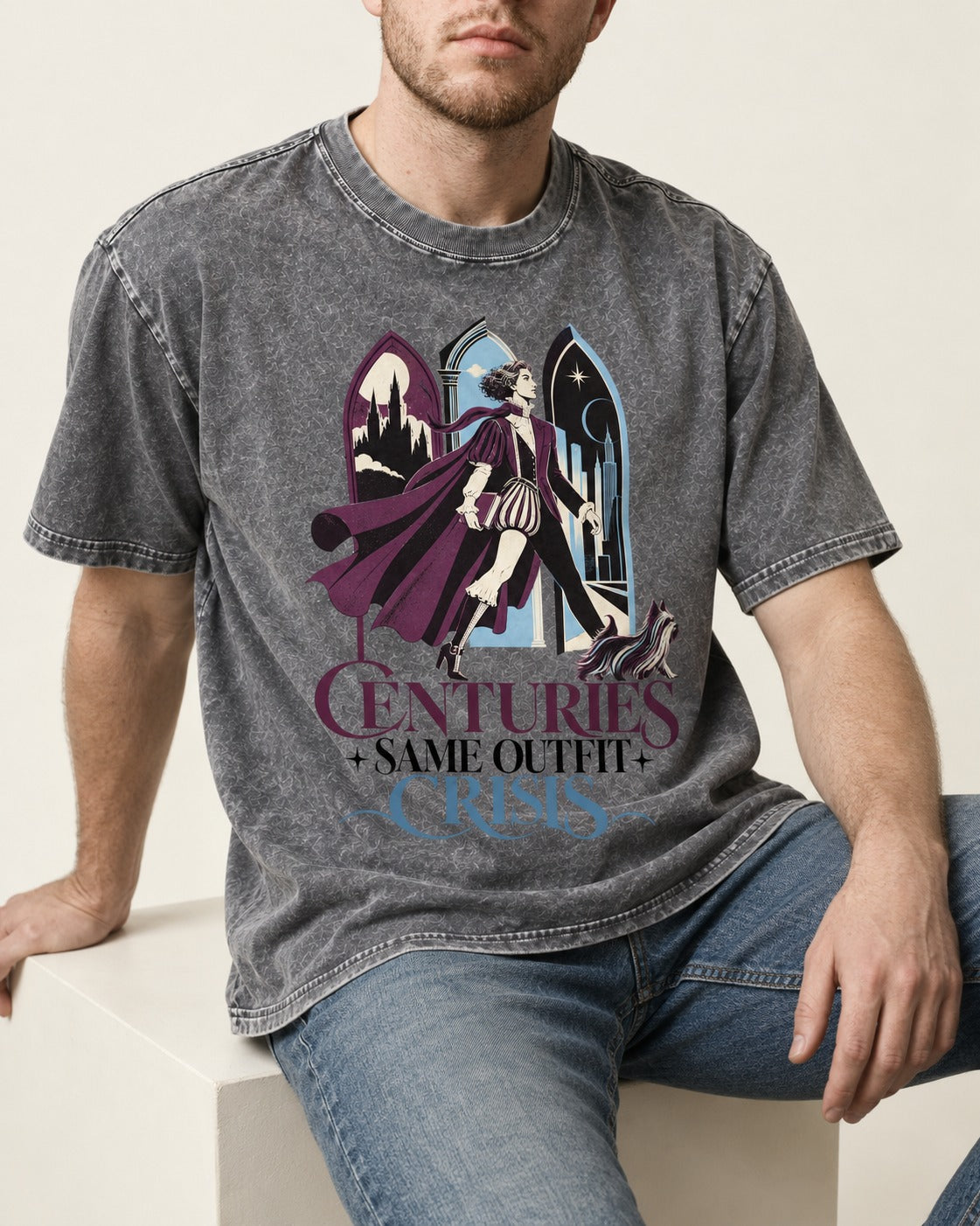 Yorkshire Terrier Centuries Same Outfit Crisis Gothic Graphic Washed Tee in Gray, worn by a seated model