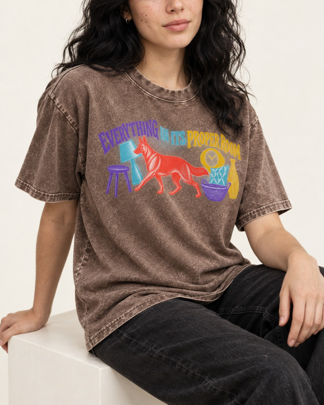 German Shepherd Dog In Its Proper Room Washed Tee in Coffee, worn by a seated model