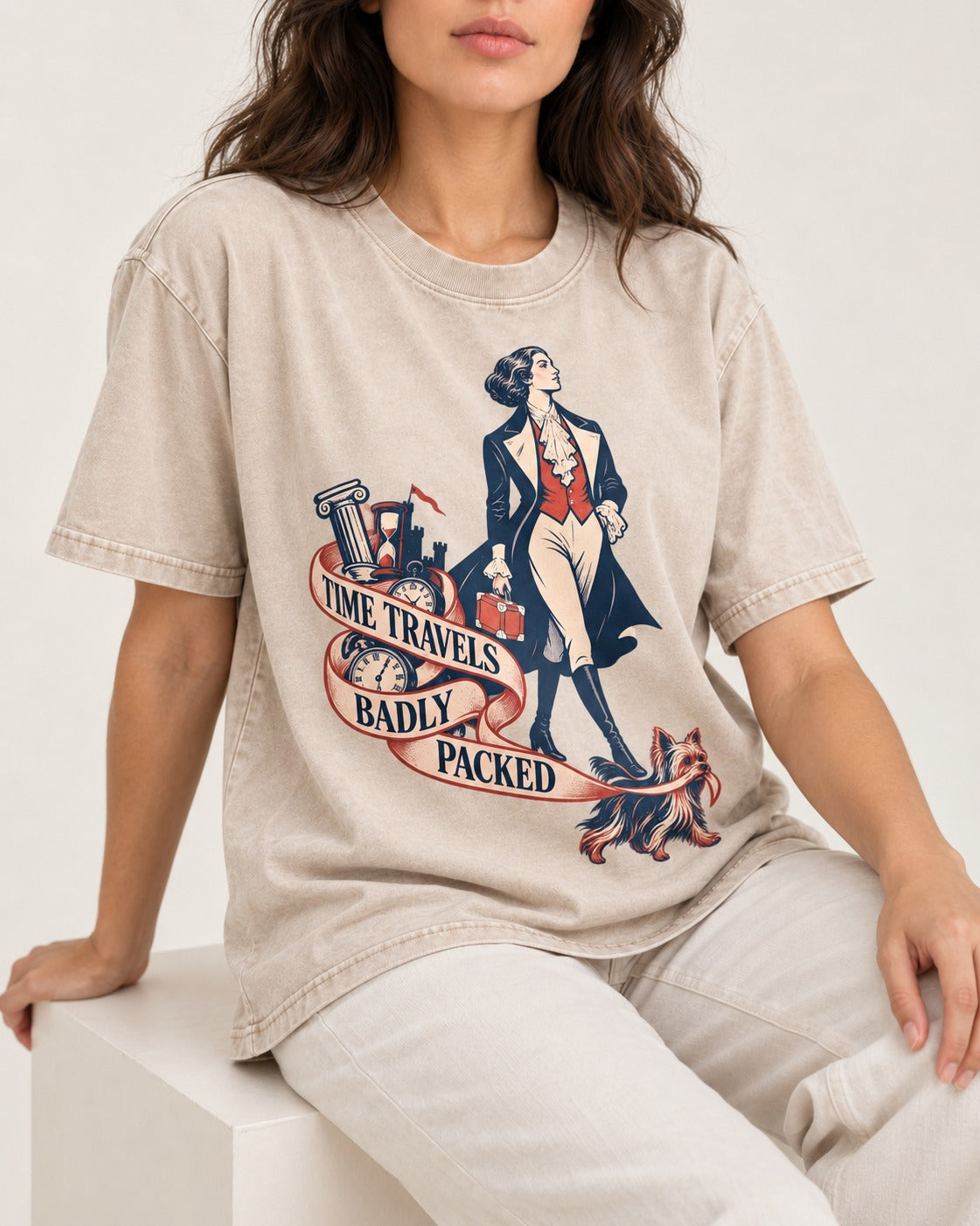 Time Travels Badly Packed Yorkshire Terrier Washed Tee in Apricot, worn by a seated model