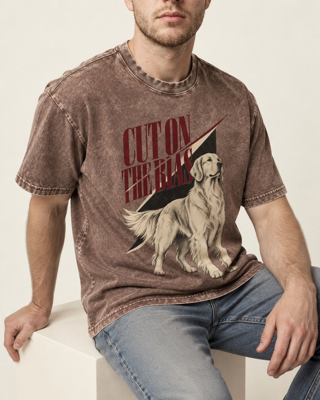 Cut on the Bias Golden Retriever Washed Tee in Coffee, worn by a seated model