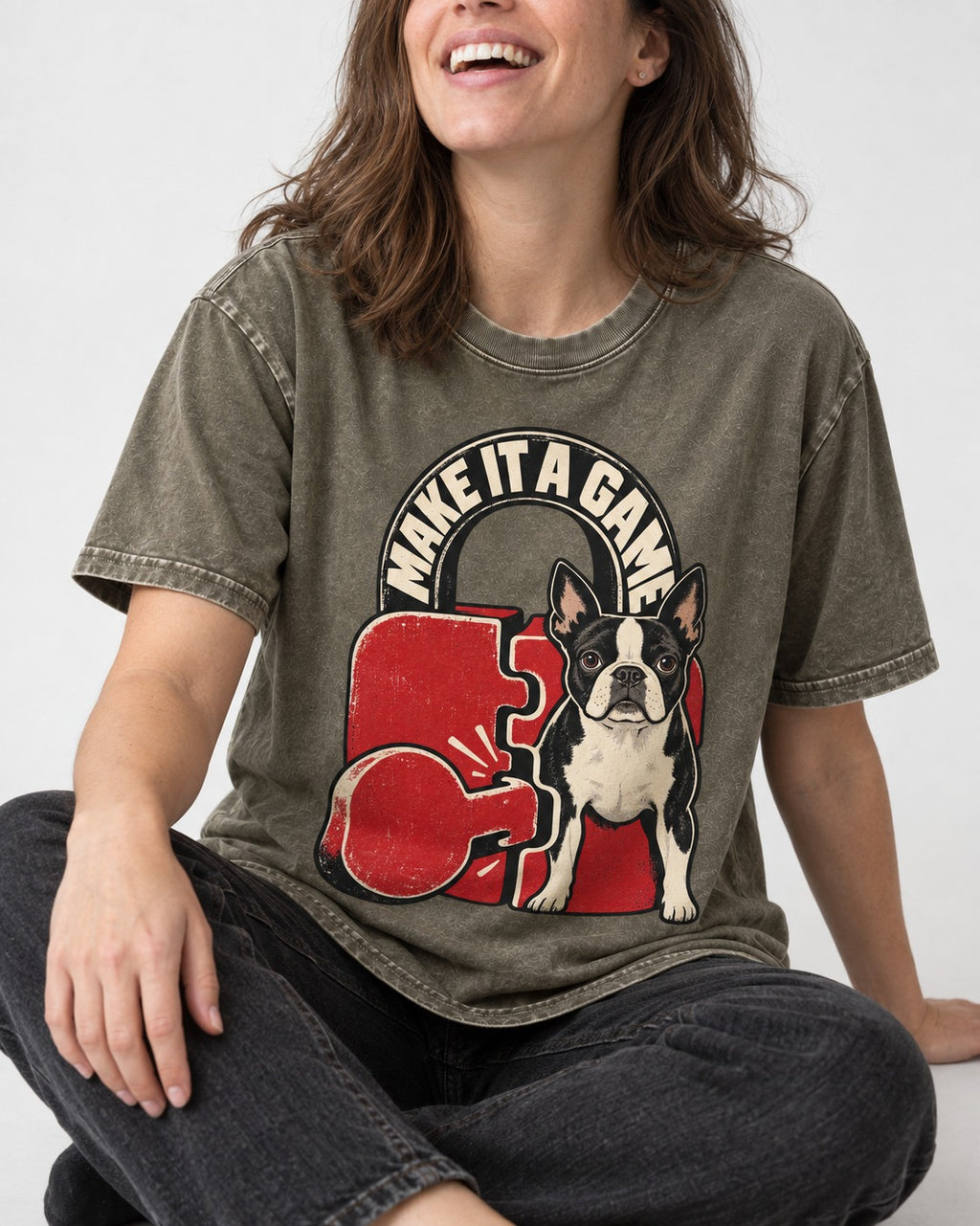 Boston Terrier Make It a Game Washed Tee in Army Green, worn by a seated model