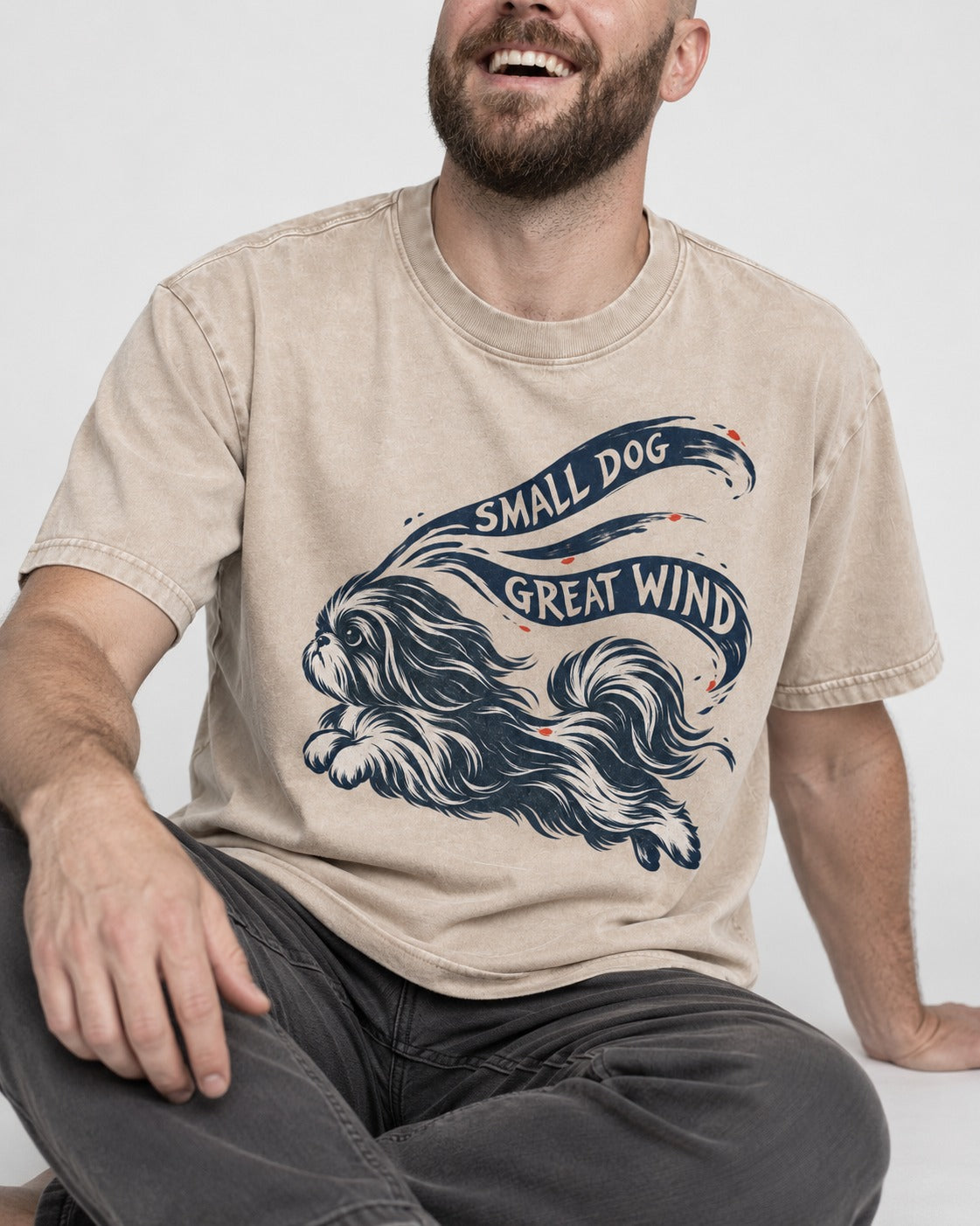 Small Shih Tzu Great Wind Washed Tee in Apricot, worn by a seated model