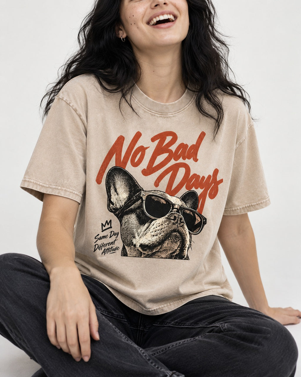 Frenchie No Bad Days Washed Tee in Apricot, worn by a seated model