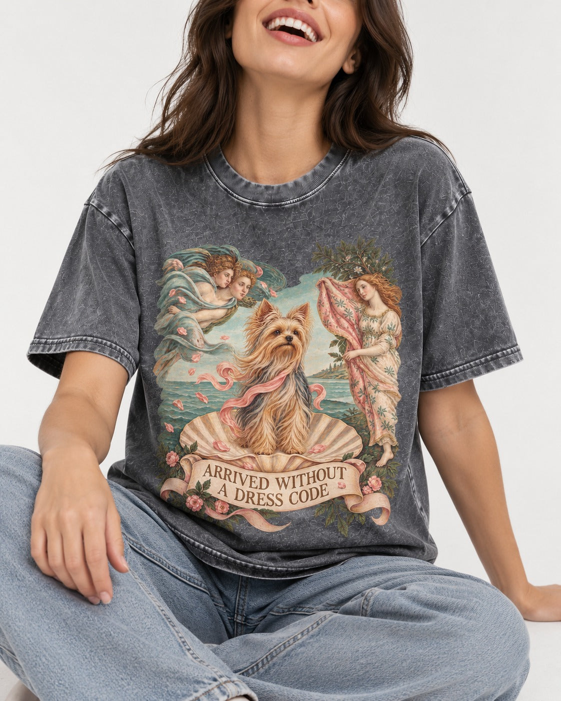 Yorkshire Terrier Arrived Without a Dress Code Venus Graphic Washed Tee in Gray, worn by a seated model