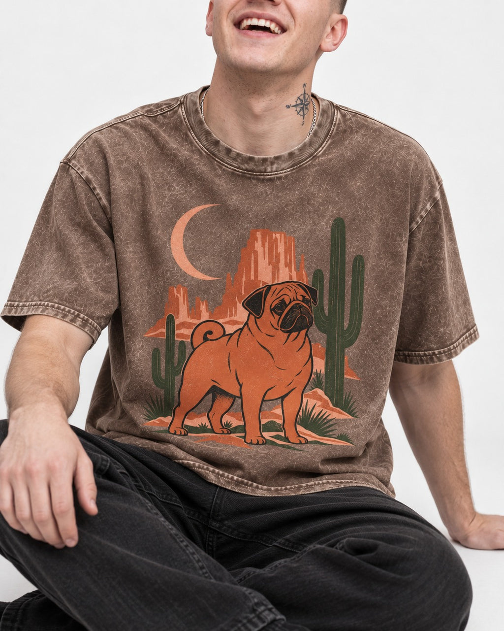 Pug Wild at Heart Washed Tee in Coffee, worn by a seated model