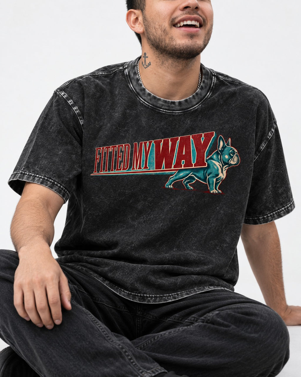 Frenchie Fitted My Way Collegiate Graphic Washed Tee in Black, worn by a seated model