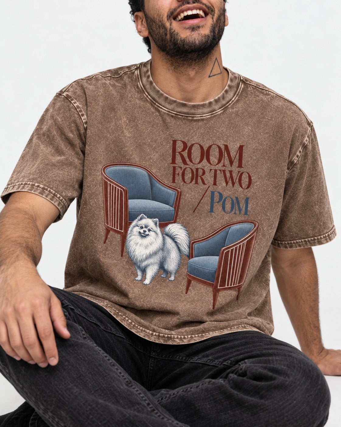 Room for Two with Pomeranian Washed Tee in Coffee, worn by a seated model