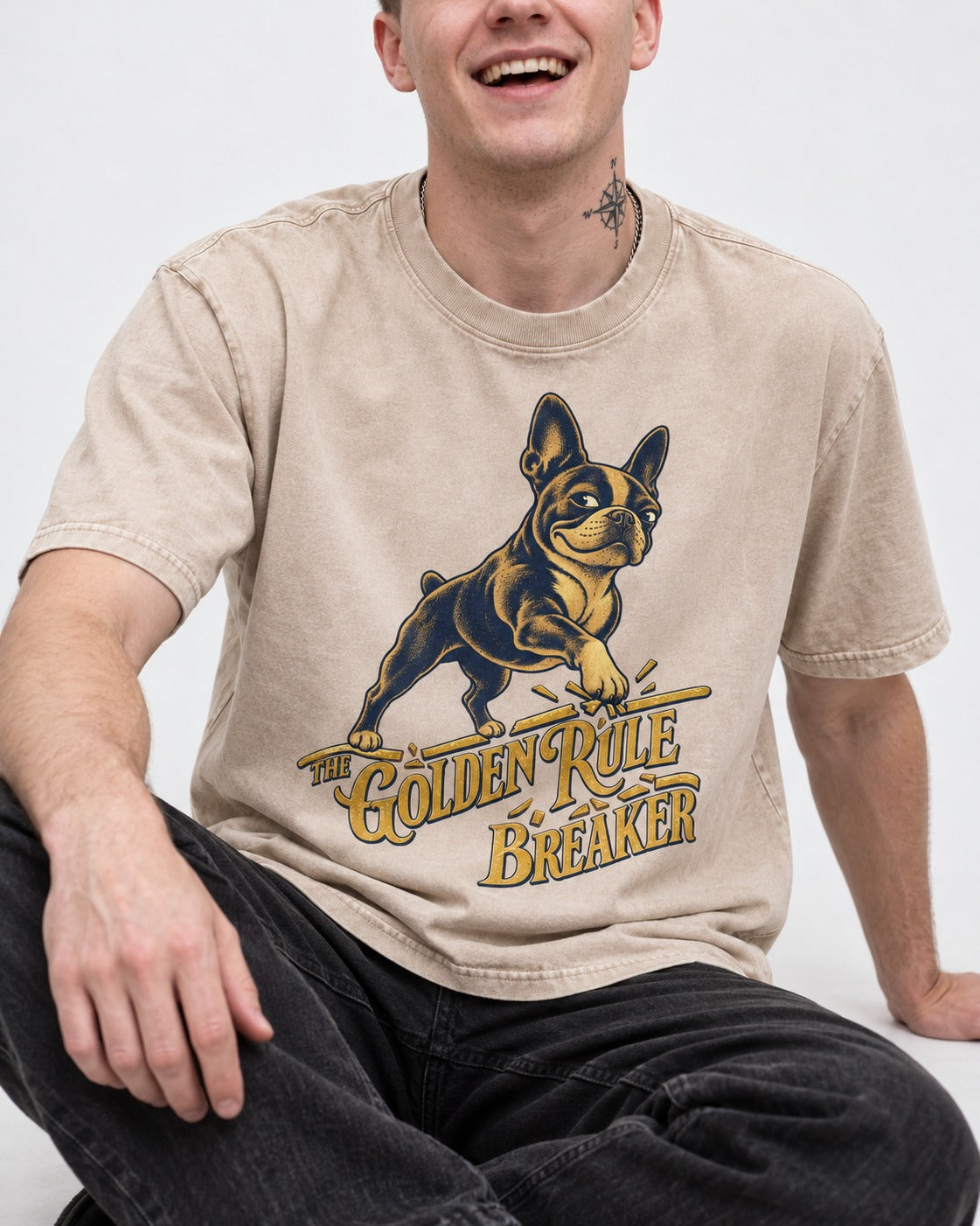 Boston Terrier Golden Rule Breaker Washed Tee in Apricot, worn by a seated model