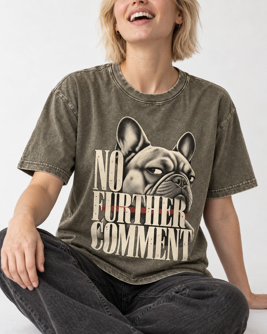 Frenchie No Further Comment Side Eye Graphic Washed Tee in Army Green, worn by a seated model