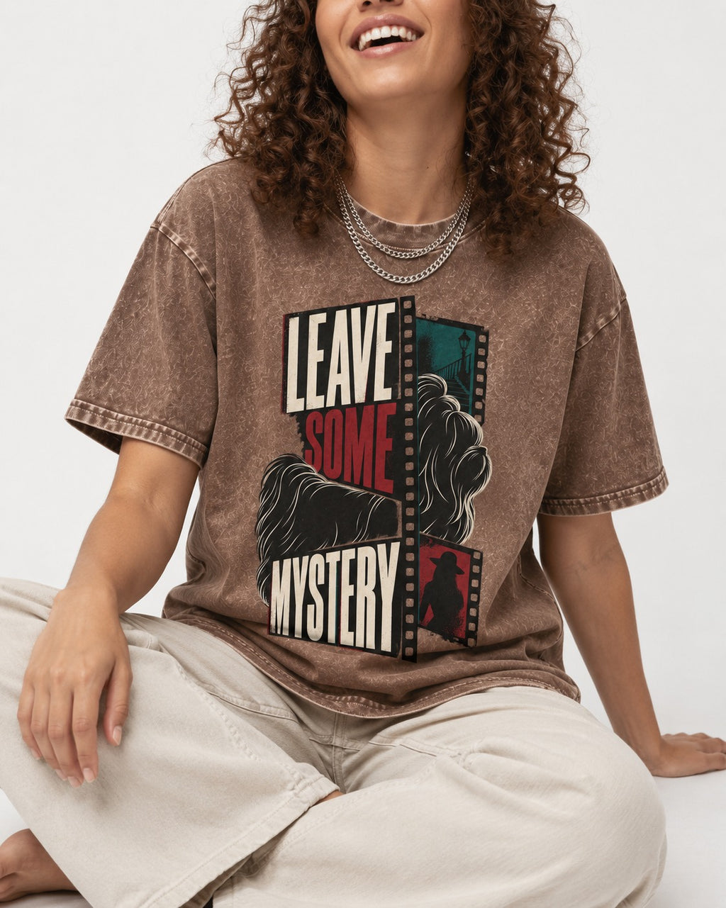 Leave Some Mystery Shih Tzu Washed Tee in Coffee, worn by a seated model