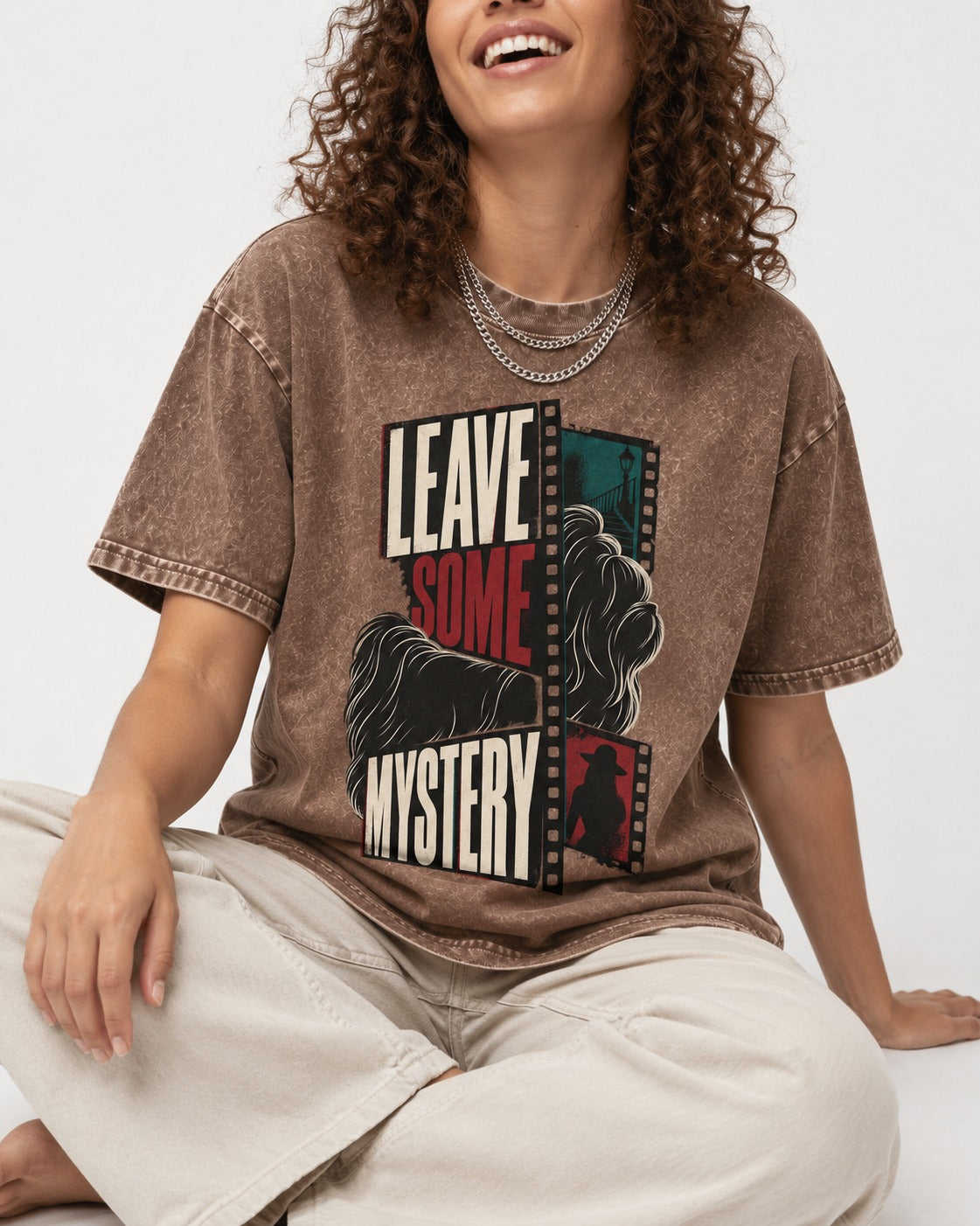 Leave Some Mystery Shih Tzu Washed Tee in Coffee, worn by a seated model