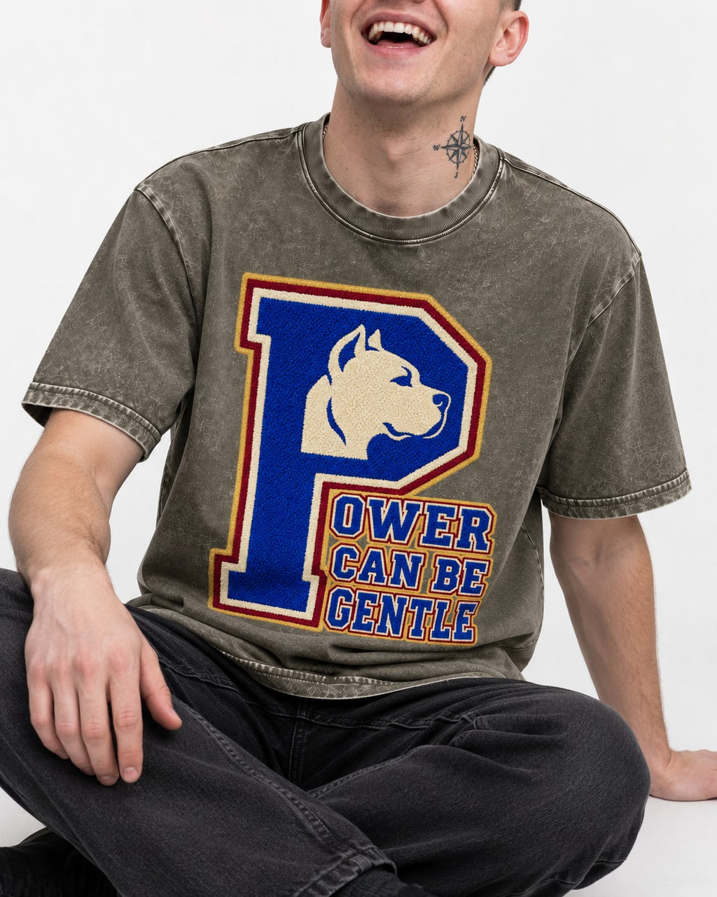 Pitbull Power Can Be Gentle Varsity Graphic Washed Tee in Army Green, worn by a seated model