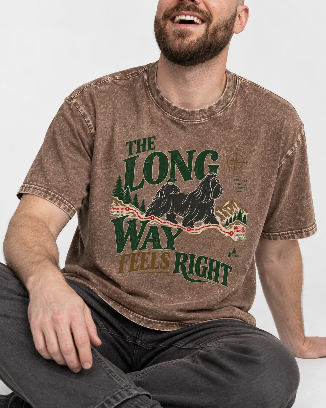 Shih Tzu Takes the Long Way Washed Tee in Coffee, worn by a seated model