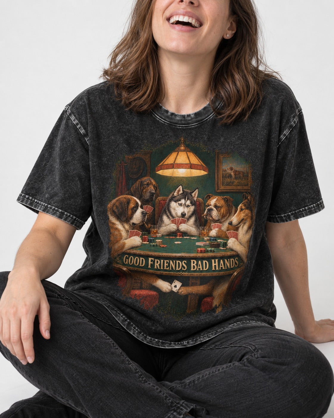 Husky Good Friends Bad Hands Poker Night Graphic Washed Tee in Black, worn by a seated model
