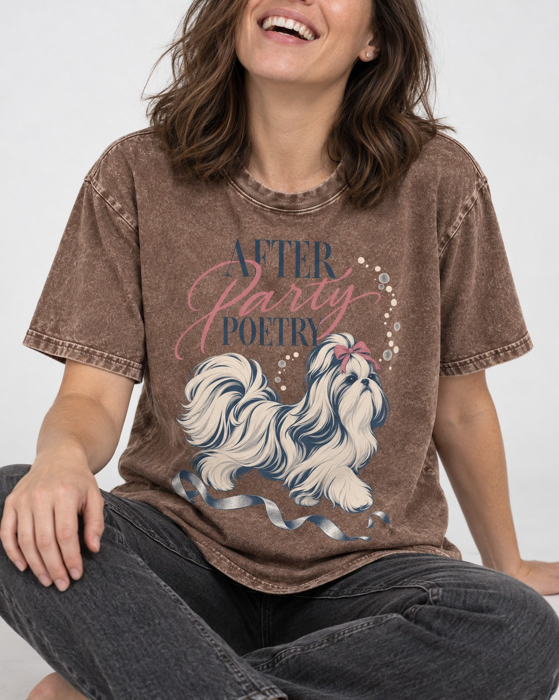 After Party Poetry Shih Tzu Washed Tee in Coffee, worn by a seated model
