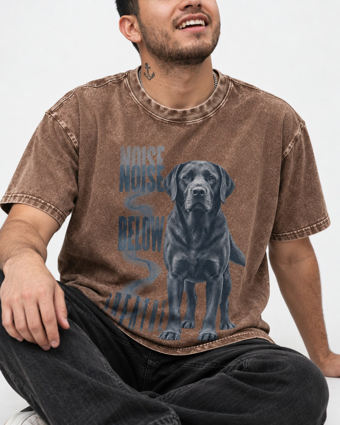 Labrador Retriever Breathe Below the Noise Washed Tee in Coffee, worn by a seated model