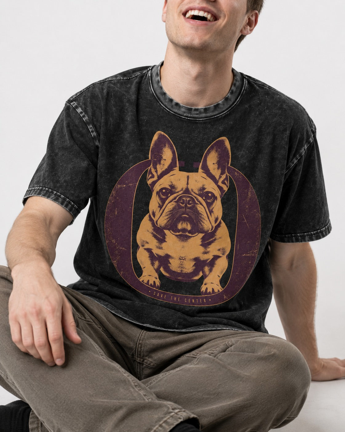 Frenchie Save the Center Oval Portrait Graphic Washed Tee in Black, worn by a seated model