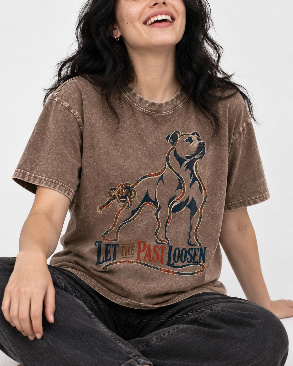 Pitbull Let the Past Loosen Washed Tee in Coffee, worn by a seated model