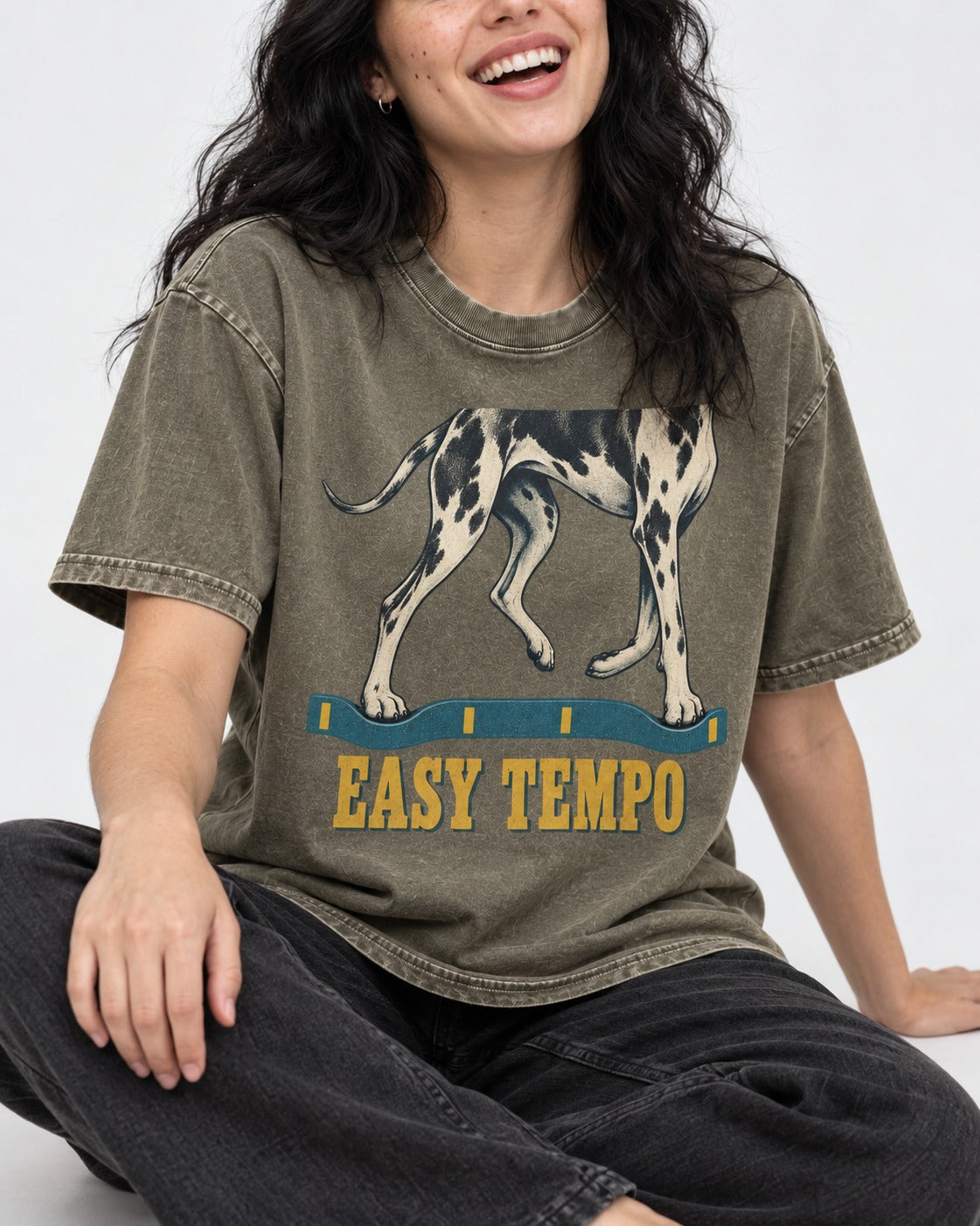 Great Dane Easy Tempo Elastic Band Legs Graphic Washed Tee in Army Green, worn by a seated model