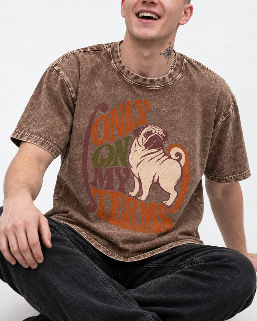 Pug Only on My Terms Washed Tee in Coffee, worn by a seated model