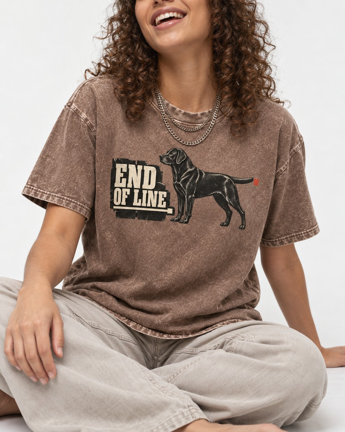 End of Line Labrador Retriever Washed Tee in Coffee, worn by a seated model