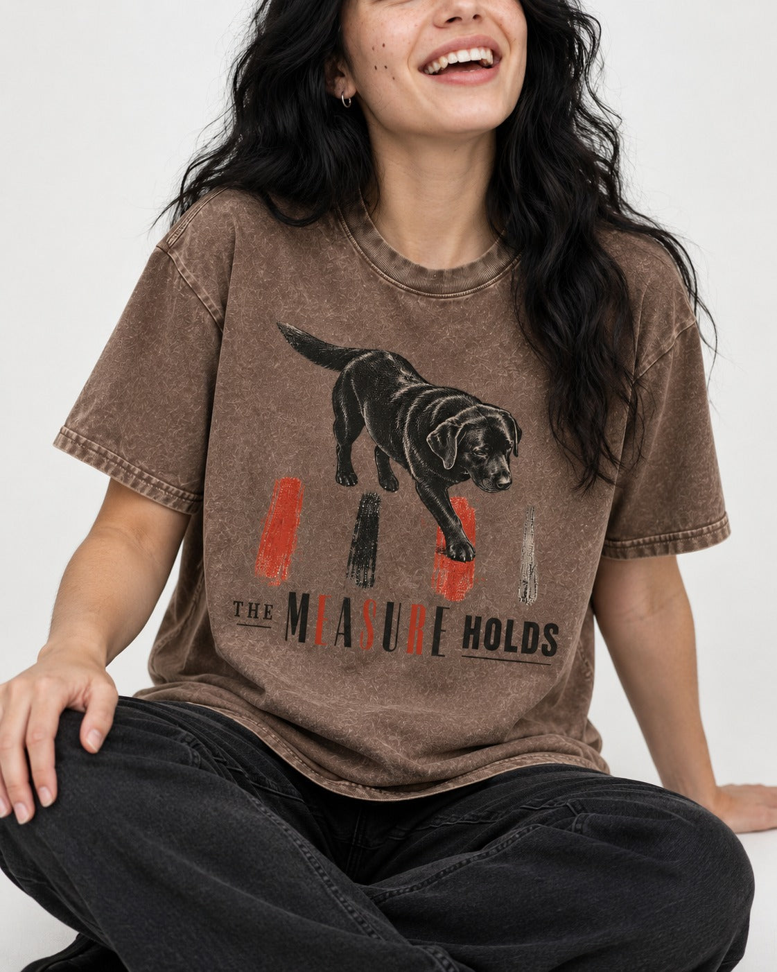 Labrador Retriever The Measure Holds Washed Tee in Coffee, worn by a seated model