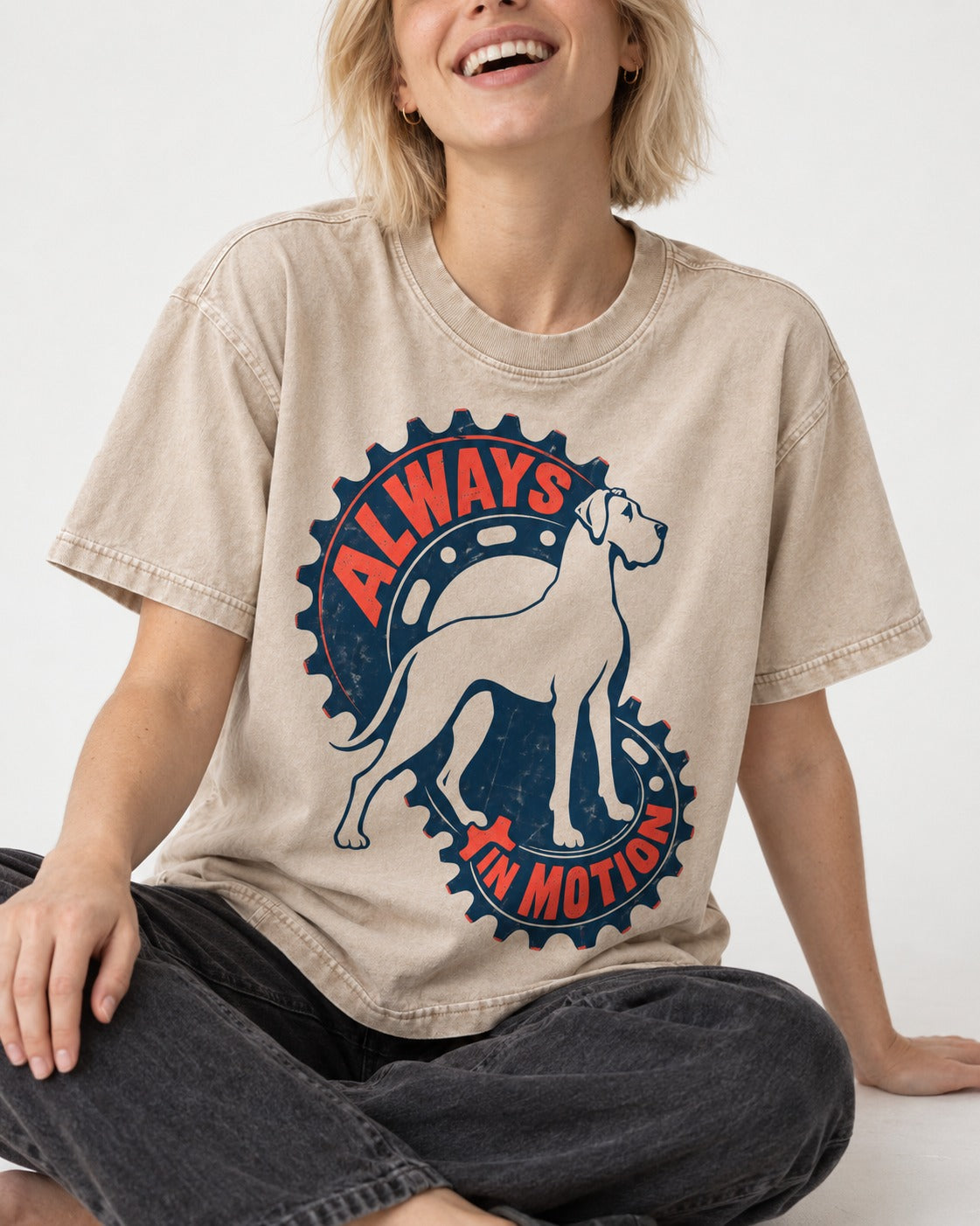 Great Dane Always in Motion Washed Tee in Apricot, worn by a seated model