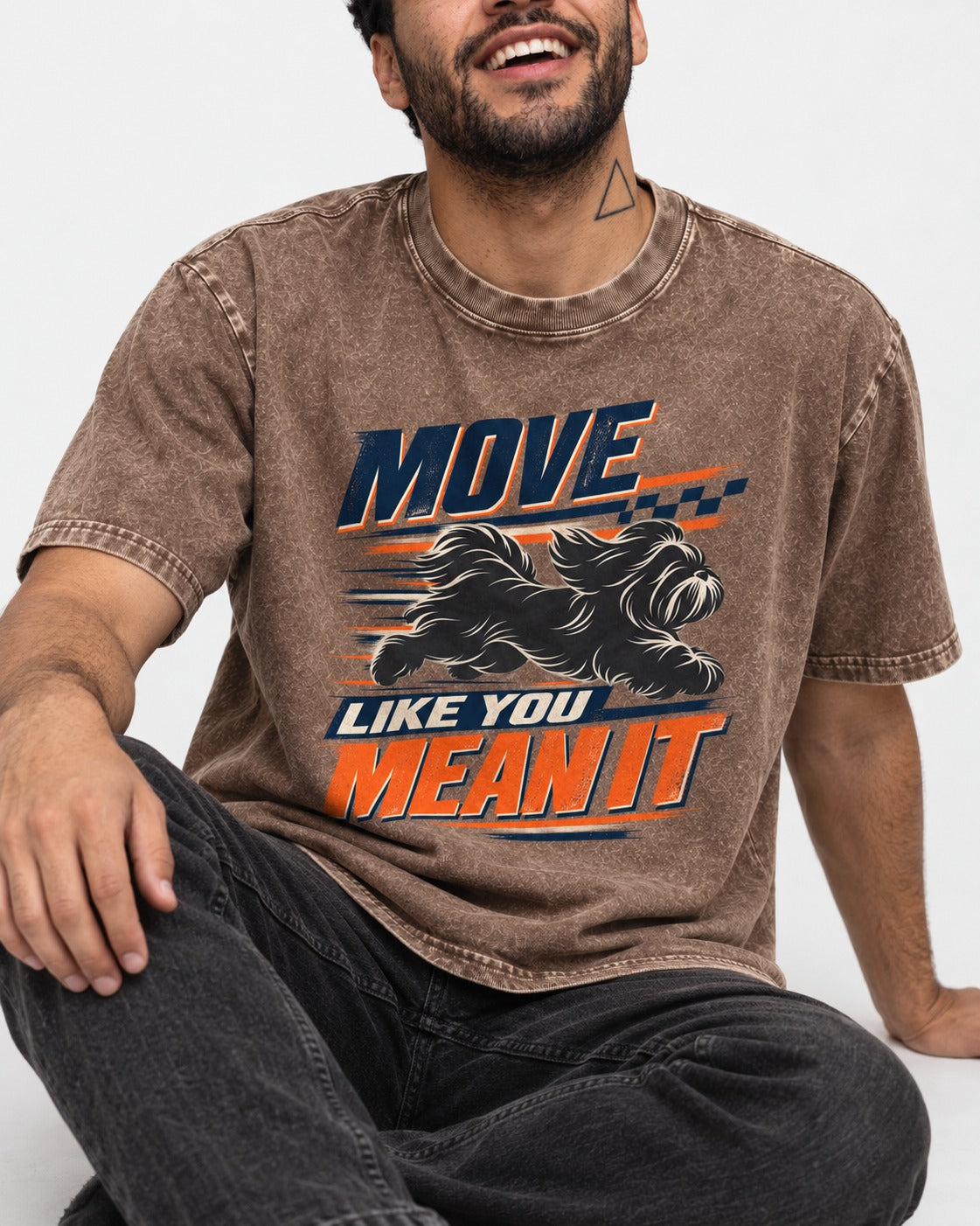 Move and Mean It Shih Tzu Washed Tee in Coffee, worn by a seated model