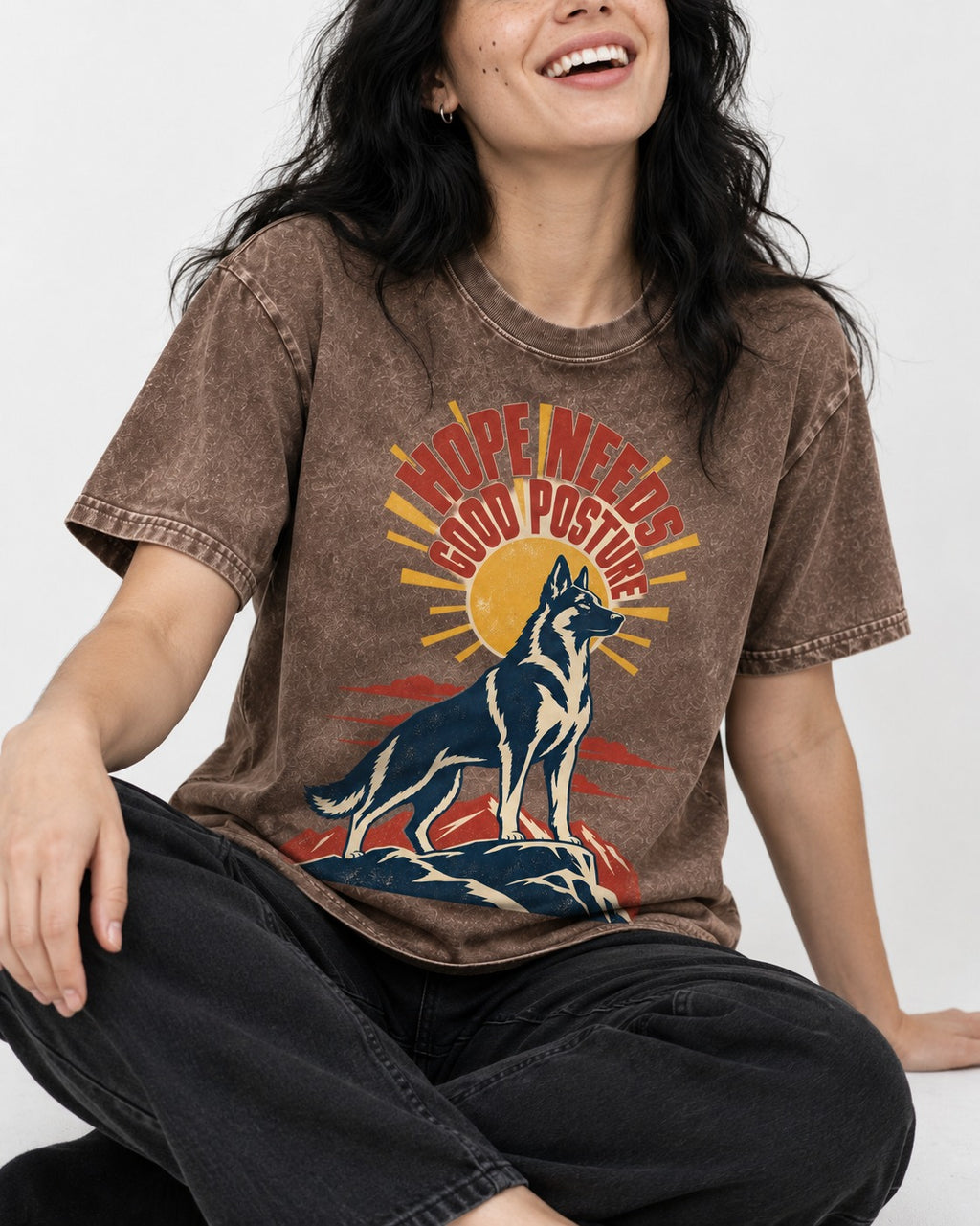Hope Needs Good Posture German Shepherd Dog Washed Tee in Coffee, worn by a seated model