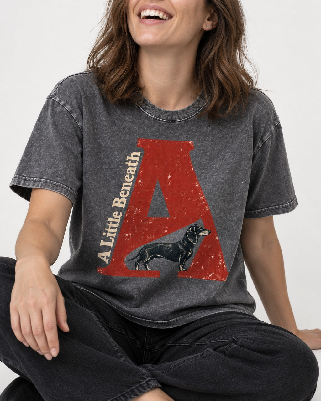Dachshund A Little Beneath Monumental Letter Graphic Washed Tee in Gray, worn by a seated model