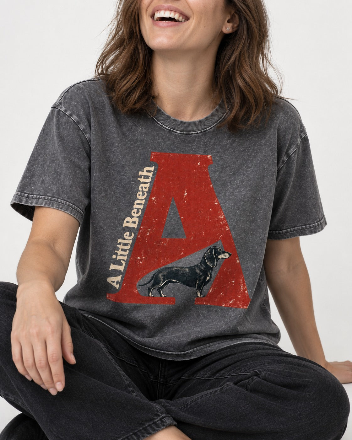 Dachshund A Little Beneath Monumental Letter Graphic Washed Tee in Gray, worn by a seated model