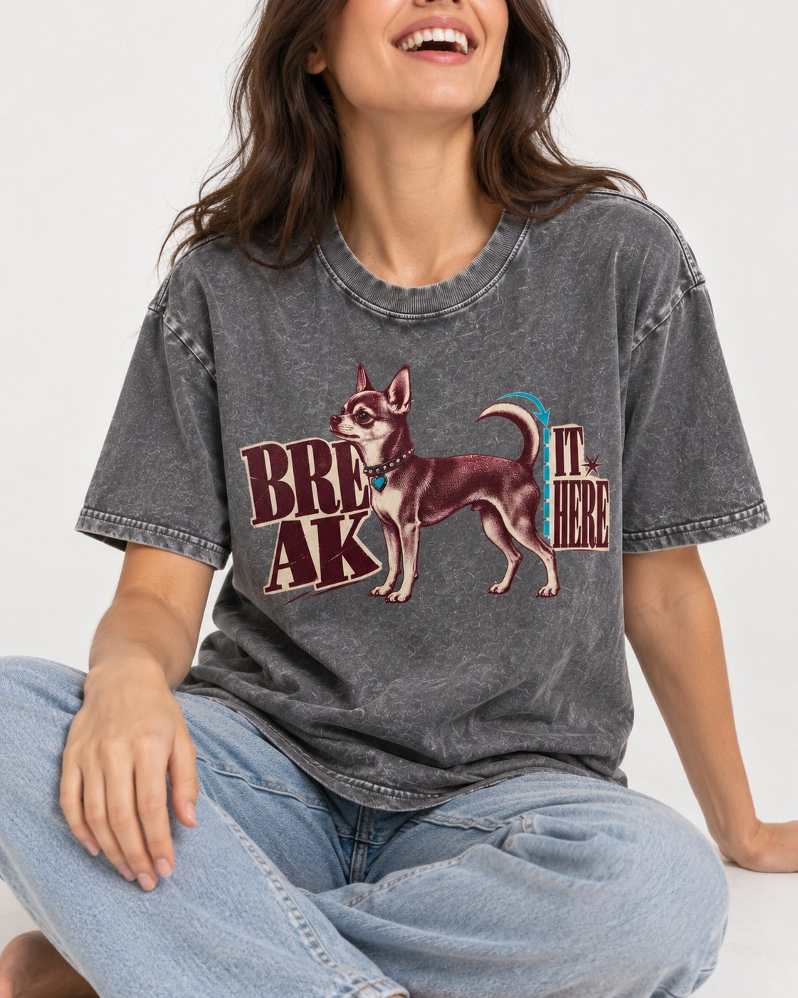 Chihuahua Break It Here Perforation Graphic Washed Tee in Gray, worn by a seated model
